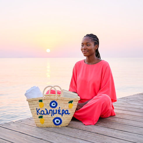 Medium Kalimera Greek straw beach bag with lemon embroidery and blue evil eye symbol, handmade Moroccan palm leaf basket tote for summer vacation and Mediterranean resort style