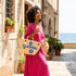 Medium Kalimera Greek straw beach bag with lemon embroidery and blue evil eye symbol, handmade Moroccan palm leaf basket tote for summer vacation and Mediterranean resort style