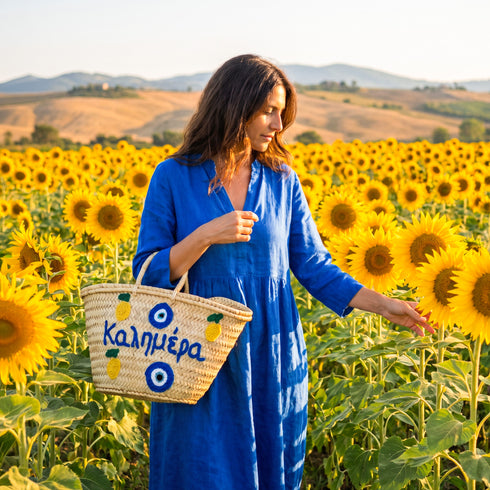 Medium Kalimera Greek straw beach bag with lemon embroidery and blue evil eye symbol, handmade Moroccan palm leaf basket tote for summer vacation and Mediterranean resort style