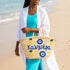 Medium Kalimera Greek straw beach bag with lemon embroidery and blue evil eye symbol, handmade Moroccan palm leaf basket tote for summer vacation and Mediterranean resort style