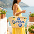Medium Kalimera Greek straw beach bag with lemon embroidery and blue evil eye symbol, handmade Moroccan palm leaf basket tote for summer vacation and Mediterranean resort style