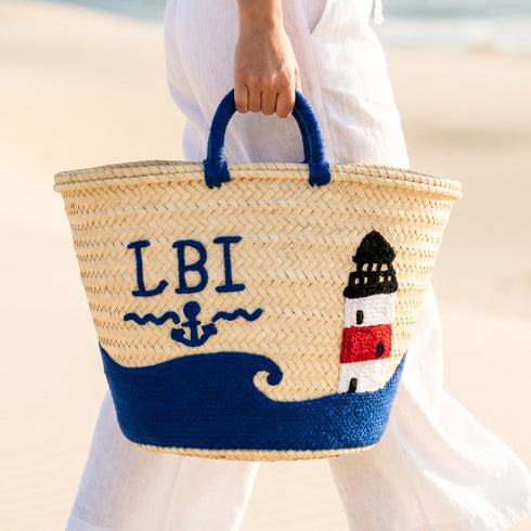 LBI Lighthouse Straw Beach Basket | Personalized Tote Bag