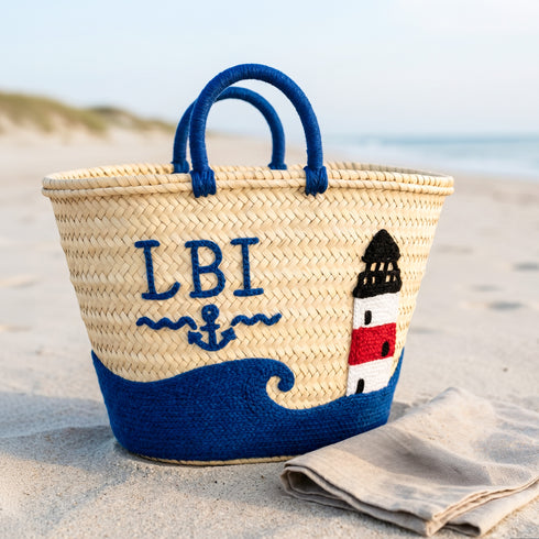 LBI Lighthouse Straw Beach Basket | Personalized Tote Bag
