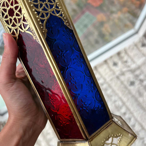 Large Moroccan Brass Lantern with Colorful Glass (CL 1012)