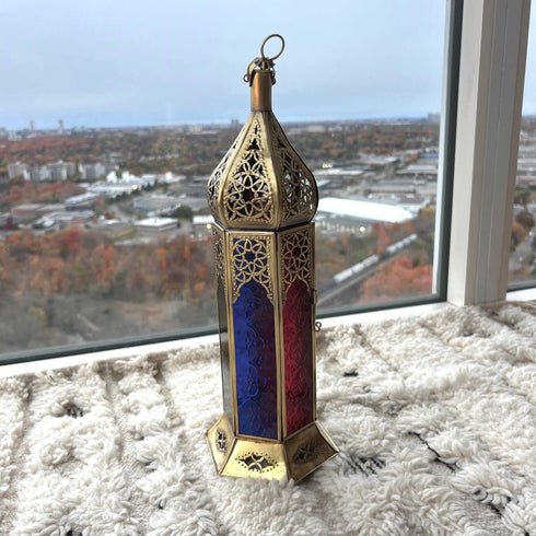 Large Moroccan Brass Lantern with Colorful Glass (CL 1012)
