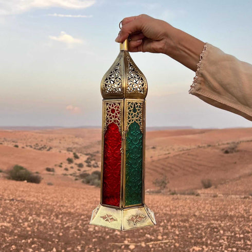Large Moroccan Brass Lantern with Colorful Glass (CL 1012)