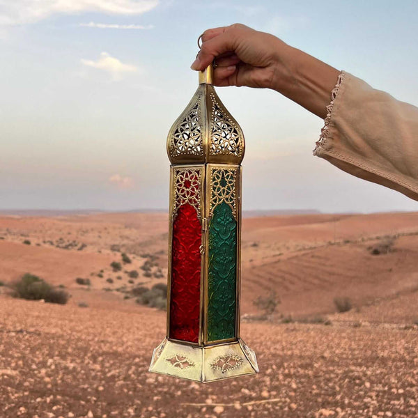 Large Moroccan Brass Lantern with Colorful Glass (CL 1012)
