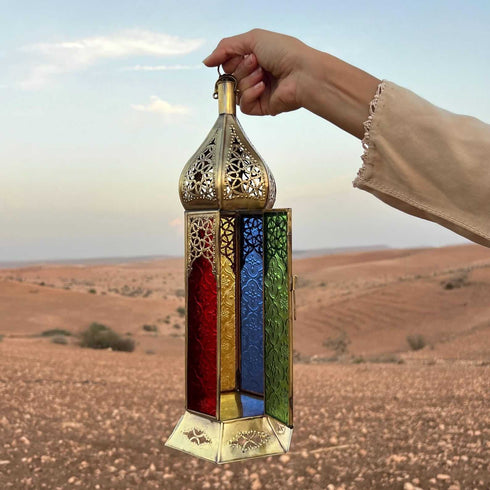 Large Moroccan Brass Lantern with Colorful Glass (CL 1012)