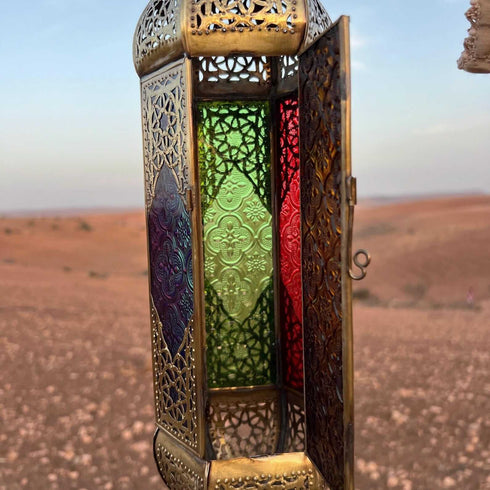 Large Moroccan Hanging Lantern – Brass & Colorful Glass (CL 1002)
