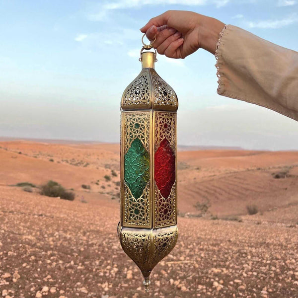 Large Moroccan Hanging Lantern – Brass & Colorful Glass (CL 1002)