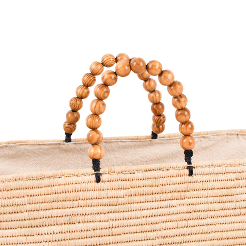 Large Raffia Tote Bag | Moroccan Beach Bag with Wooden Bead Handles
