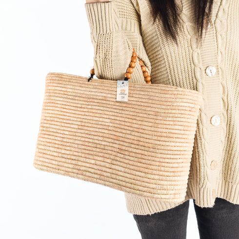 Large Raffia Tote Bag | Moroccan Beach Bag with Wooden Bead Handles