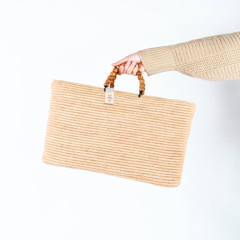 Large Raffia Tote Bag | Moroccan Beach Bag with Wooden Bead Handles