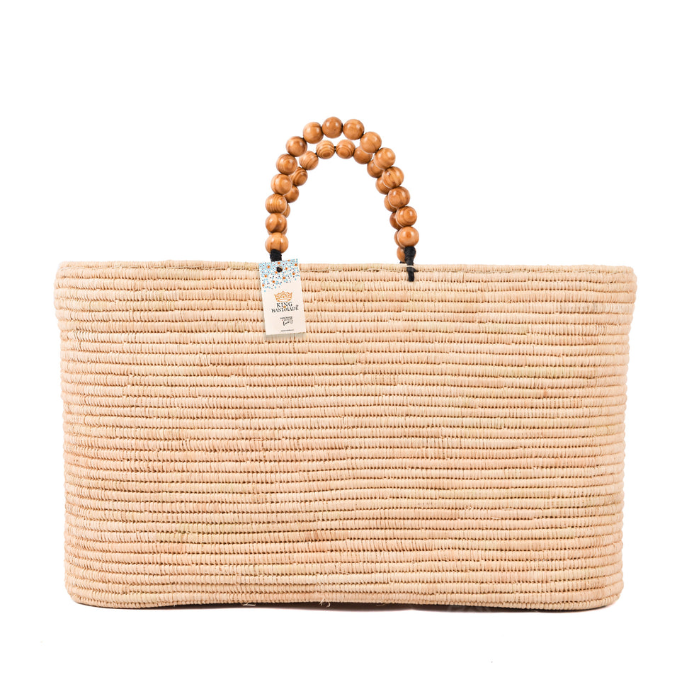 Straw Basket Bag – Moroccan Tote with Wooden Bead Handle
