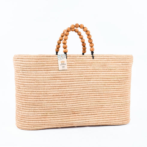 Large Raffia Tote Bag | Moroccan Beach Bag with Wooden Bead Handles