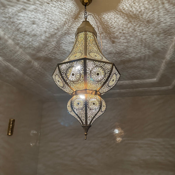 Moroccan Chandelier – Brass Filigree Openwork Shadow-Casting