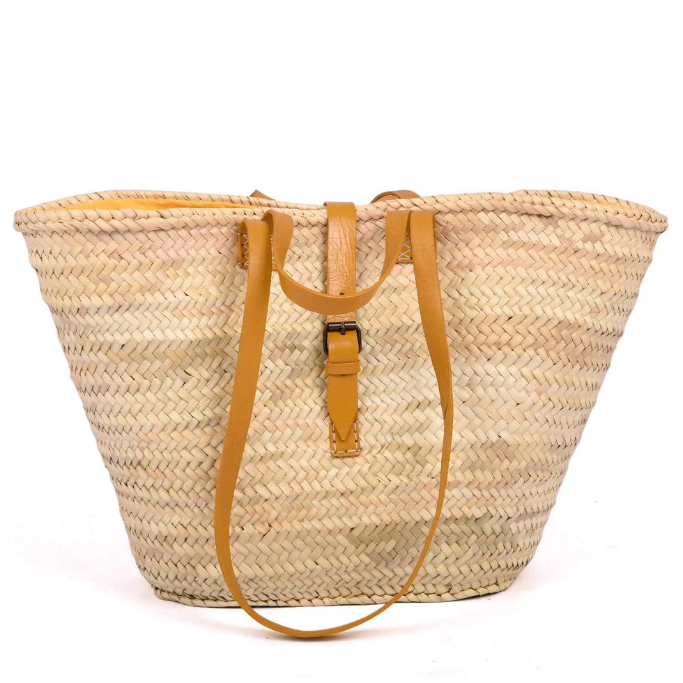 Straw Beach Basket – Moroccan Bag, Tan Leather Straps