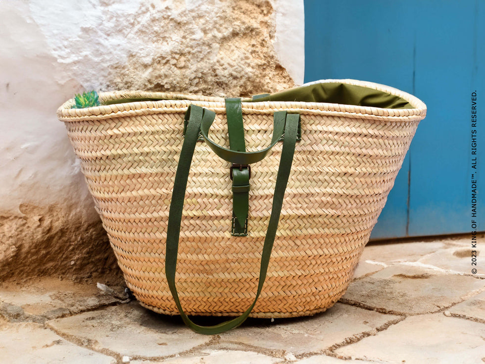 Straw Beach Basket – Moroccan Bag, Green Leather Straps