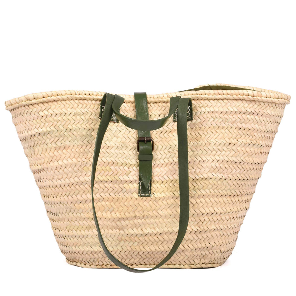 Straw Beach Basket – Moroccan Bag, Green Leather Straps