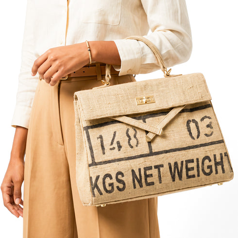 Large Jute Kelly-Style Handbag | Printed Typography Tote | Natural Handmade Jute Purse