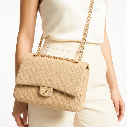 Large Quilted Jute Shoulder Bag with Gold Chain – Natural Woven Handbag