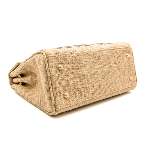 Large Jute Kelly-Style Handbag | Printed Typography Tote | Natural Handmade Jute Purse