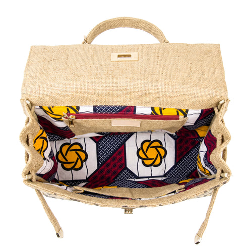 Large Jute Kelly-Style Handbag | Printed Typography Tote | Natural Handmade Jute Purse