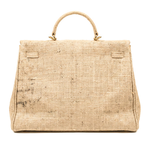 Large Jute Kelly-Style Handbag | Printed Typography Tote | Natural Handmade Jute Purse