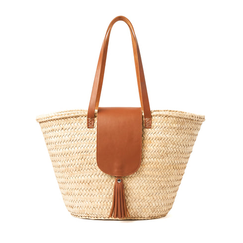 Large Moroccan Straw Bag – Coastal Tote, Tan Leather Flap & Tassel