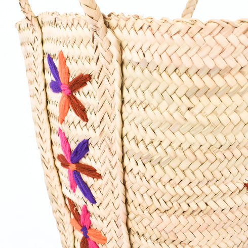 Large Bohemian Violet Stars - Embroidered Straw Basket Market Tote