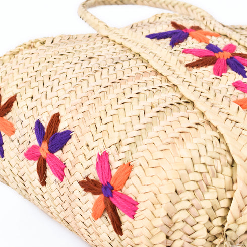Large Bohemian Violet Stars - Embroidered Straw Basket Market Tote