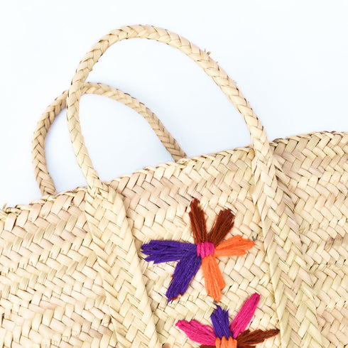 Large Bohemian Violet Stars - Embroidered Straw Basket Market Tote