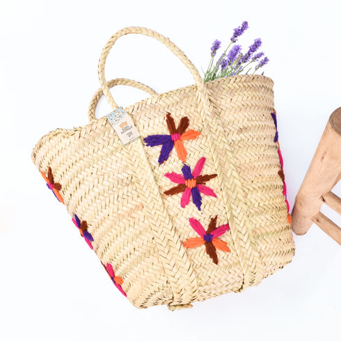 Large Bohemian Violet Stars - Embroidered Straw Basket Market Tote