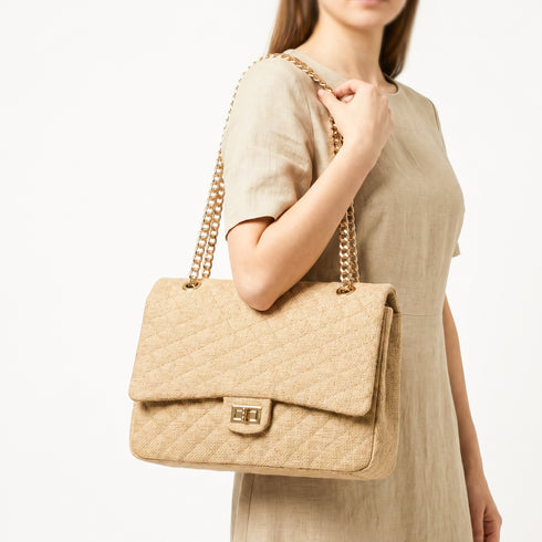 Large Quilted Jute Shoulder Bag with Gold Chain – Natural Woven Handbag