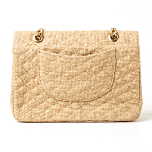 Large Quilted Jute Shoulder Bag with Gold Chain – Natural Woven Handbag