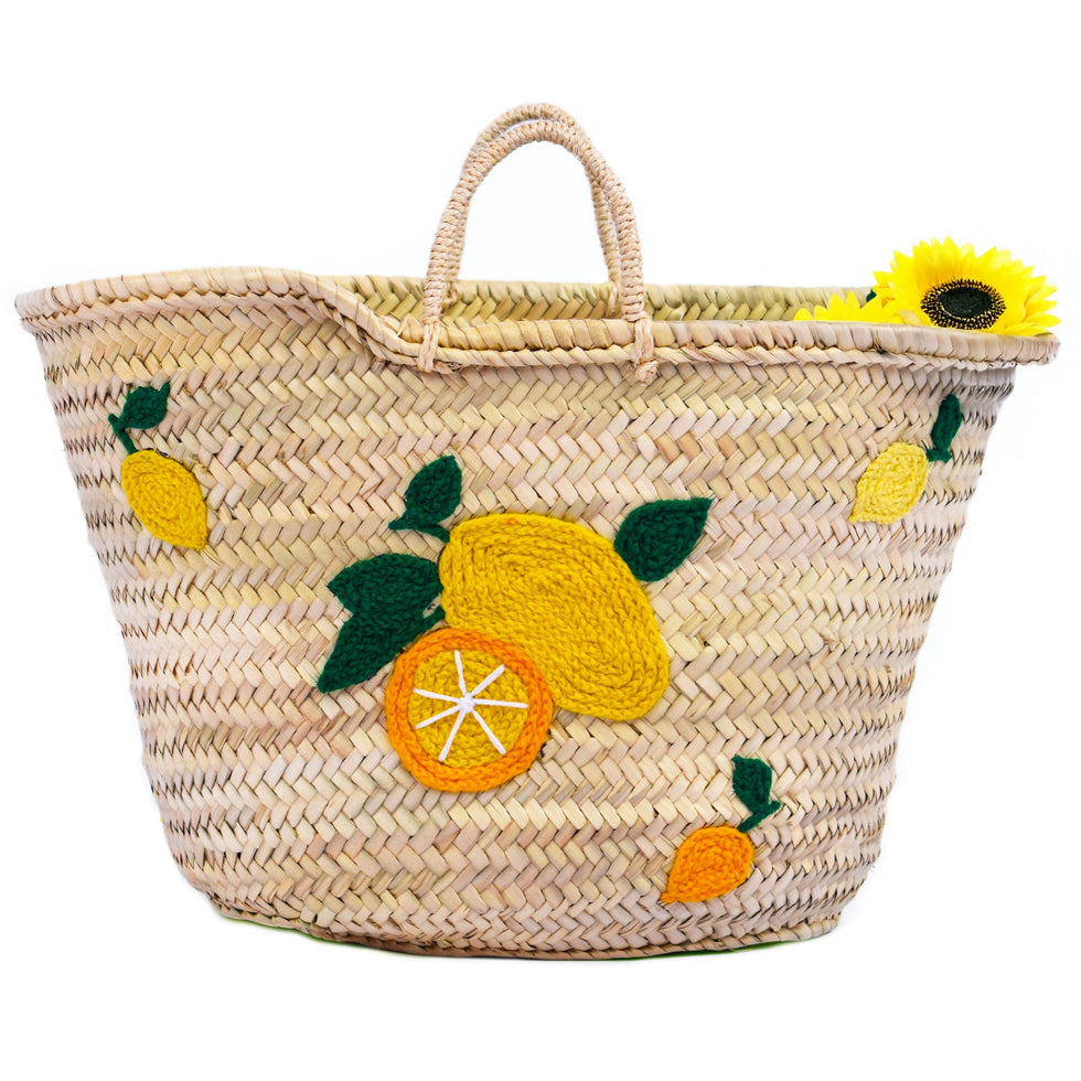 Straw Beach Bag – Lemon & Orange Embroidered Tote