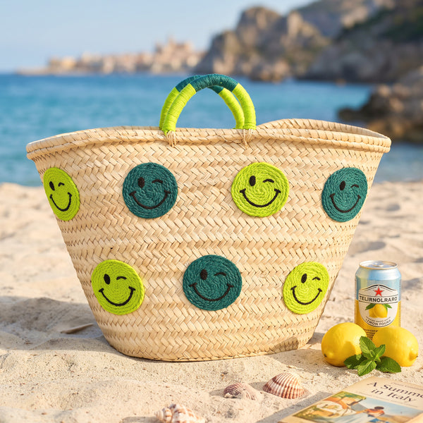 Smiley Face Straw Basket Bag | Handmade Moroccan Beach Tote Bag