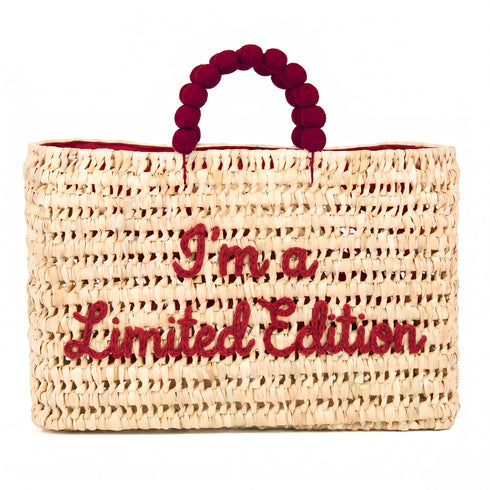 Handmade Moroccan wicker bag with I’m Limited Edition embroidery in bordeaux and round moulded handles 1