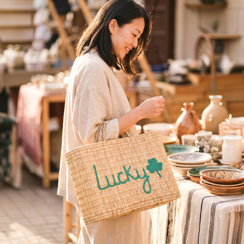 Lucky Shamrock Straw Bag – Embroidered Clover Tote for Spring & Lucky Days 🍀
