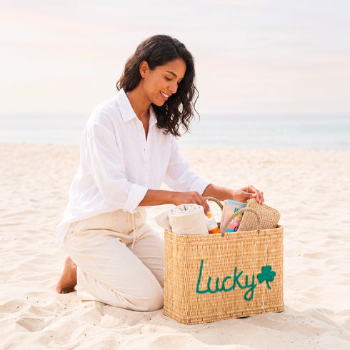 Lucky Shamrock Straw Bag – Embroidered Clover Tote for Spring & Lucky Days 🍀