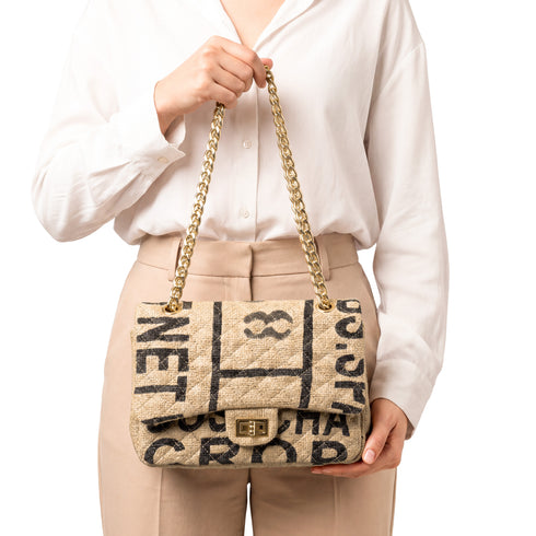 Luxury Inspired Medium Quilted Jute Flap Bag | Natural Woven Handbag with Gold Chain & Typography Print (Copy)