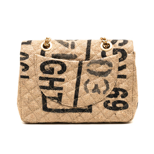 Luxury Inspired Medium Quilted Jute Flap Bag | Natural Woven Handbag with Gold Chain & Typography Print (Copy)