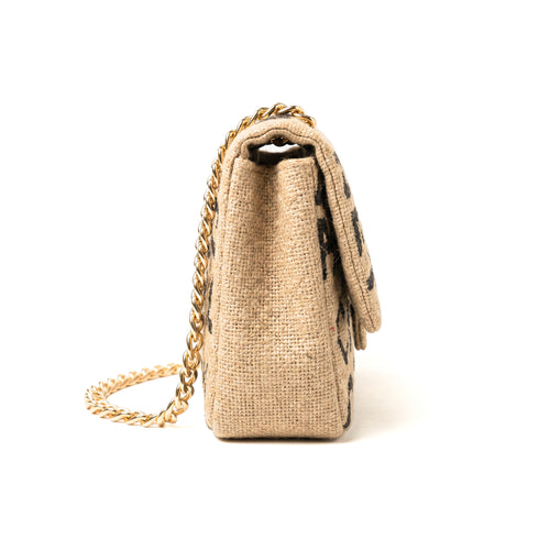 Luxury Inspired Medium Quilted Jute Flap Bag | Natural Woven Handbag with Gold Chain & Typography Print (Copy)