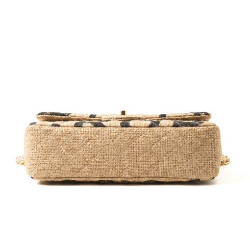 Luxury Inspired Medium Quilted Jute Flap Bag | Natural Woven Handbag with Gold Chain & Typography Print (Copy)