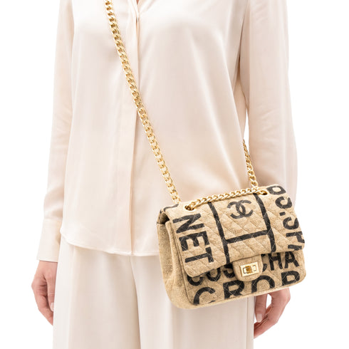Luxury Inspired Medium Quilted Jute Flap Bag | Natural Woven Handbag with Gold Chain & Typography Print (Copy)