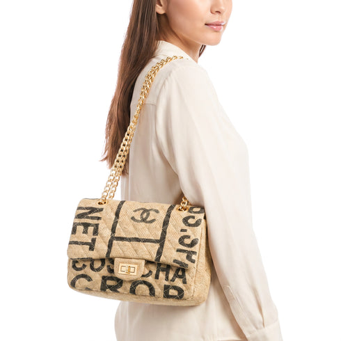 Luxury Inspired Medium Quilted Jute Flap Bag | Natural Woven Handbag with Gold Chain & Typography Print (Copy)