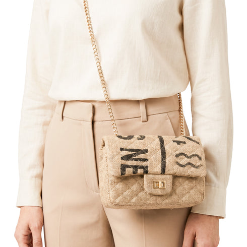 Luxury Inspired Small Quilted Jute Flap Bag | Natural Woven Handbag with Gold Chain & Typography Print