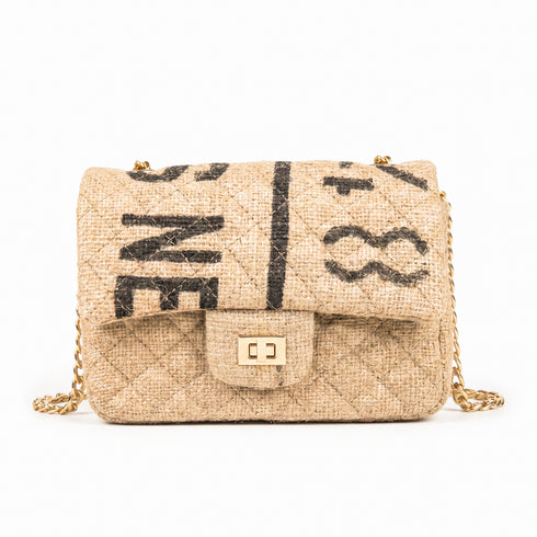 Luxury Inspired Small Quilted Jute Flap Bag | Natural Woven Handbag with Gold Chain & Typography Print