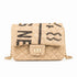Luxury Inspired Small Quilted Jute Flap Bag | Natural Woven Handbag with Gold Chain & Typography Print