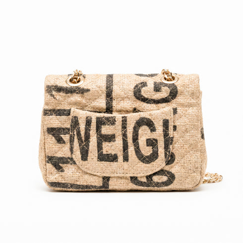 Luxury Inspired Small Quilted Jute Flap Bag | Natural Woven Handbag with Gold Chain & Typography Print